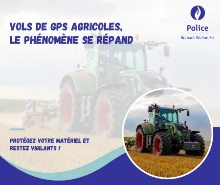 Affiche de prévention contre les vols de GPS agricoles, montrant un tracteur dans un champ.