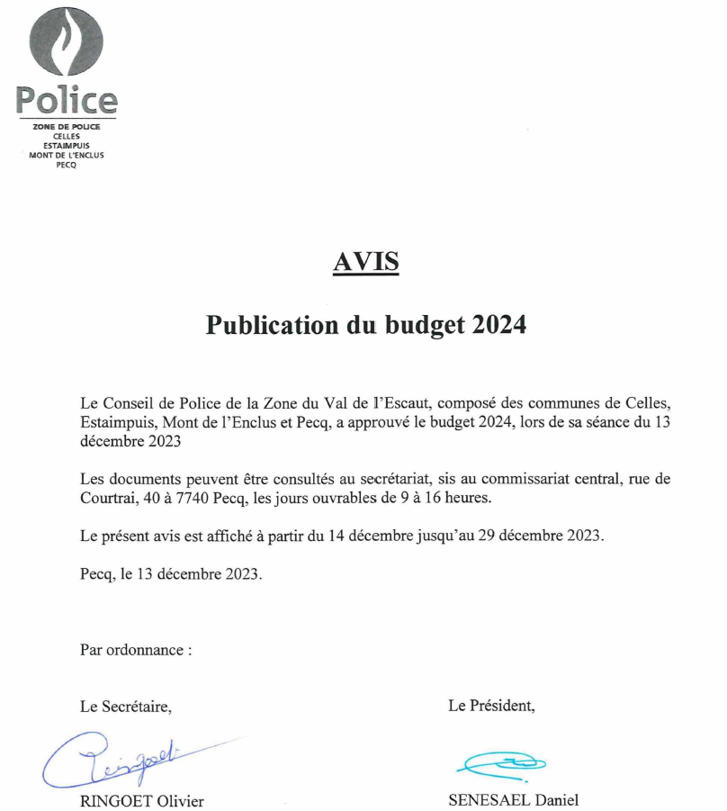 Budget 2024 Police Locale Val de l'Escaut